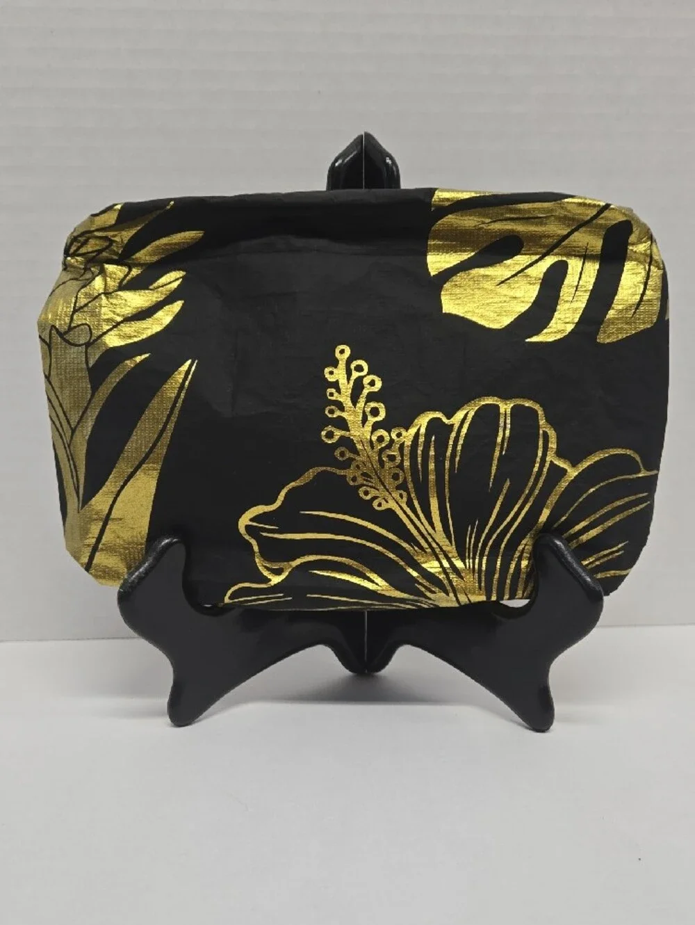 Honua Hawaiian Skincare Blk & Gold Floral Zippered Cosmetic Bag EUC 9